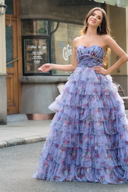 Lavender A Line Off the Shoulder Printed Long Prom Dress With Ruffles