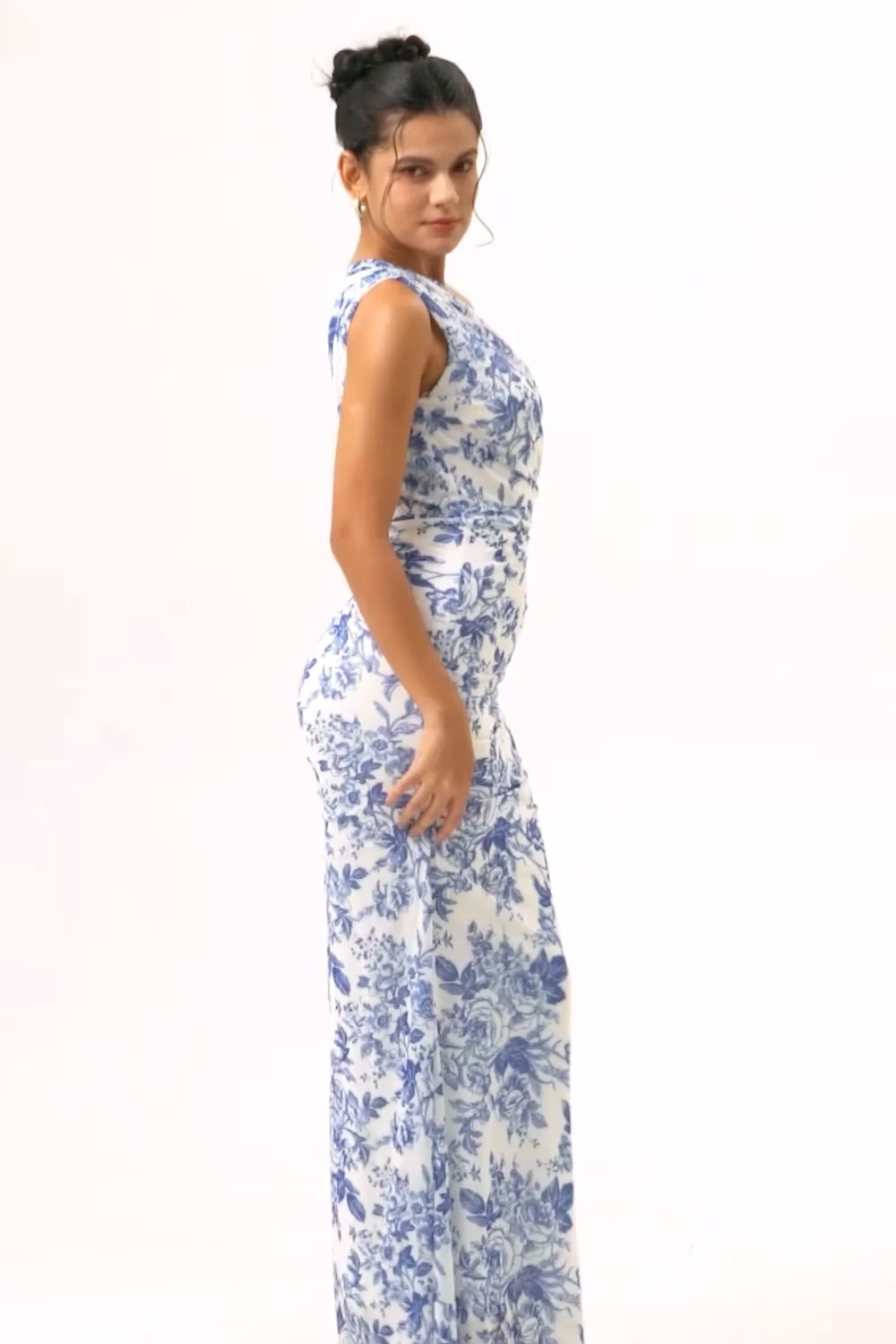White Blue Floral Mermaid One Shoulder Maxi Bridesmaid Dress with Slit