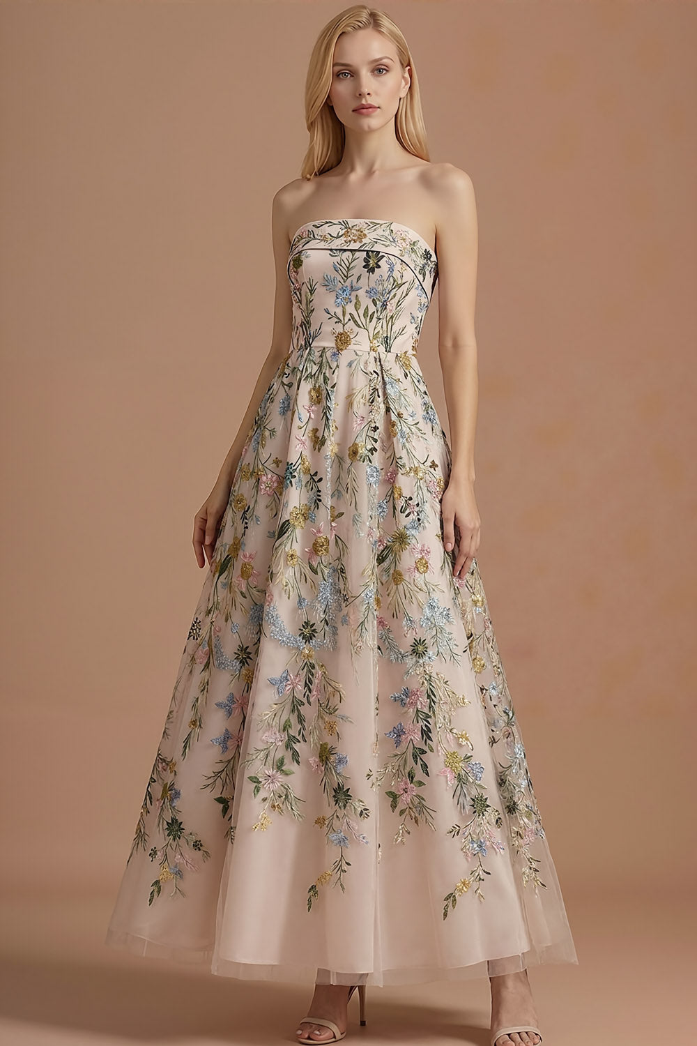 Blue Floral A Line Backless Long Wedding Guest Dress