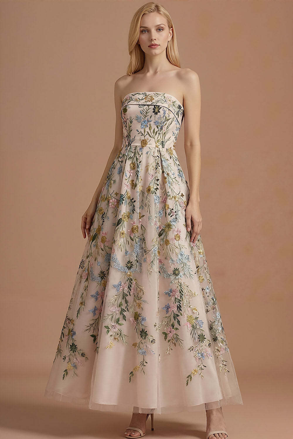 Blue Floral A Line Backless Long Wedding Guest Dress