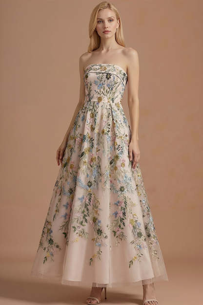 Blue Floral A Line Backless Long Wedding Guest Dress