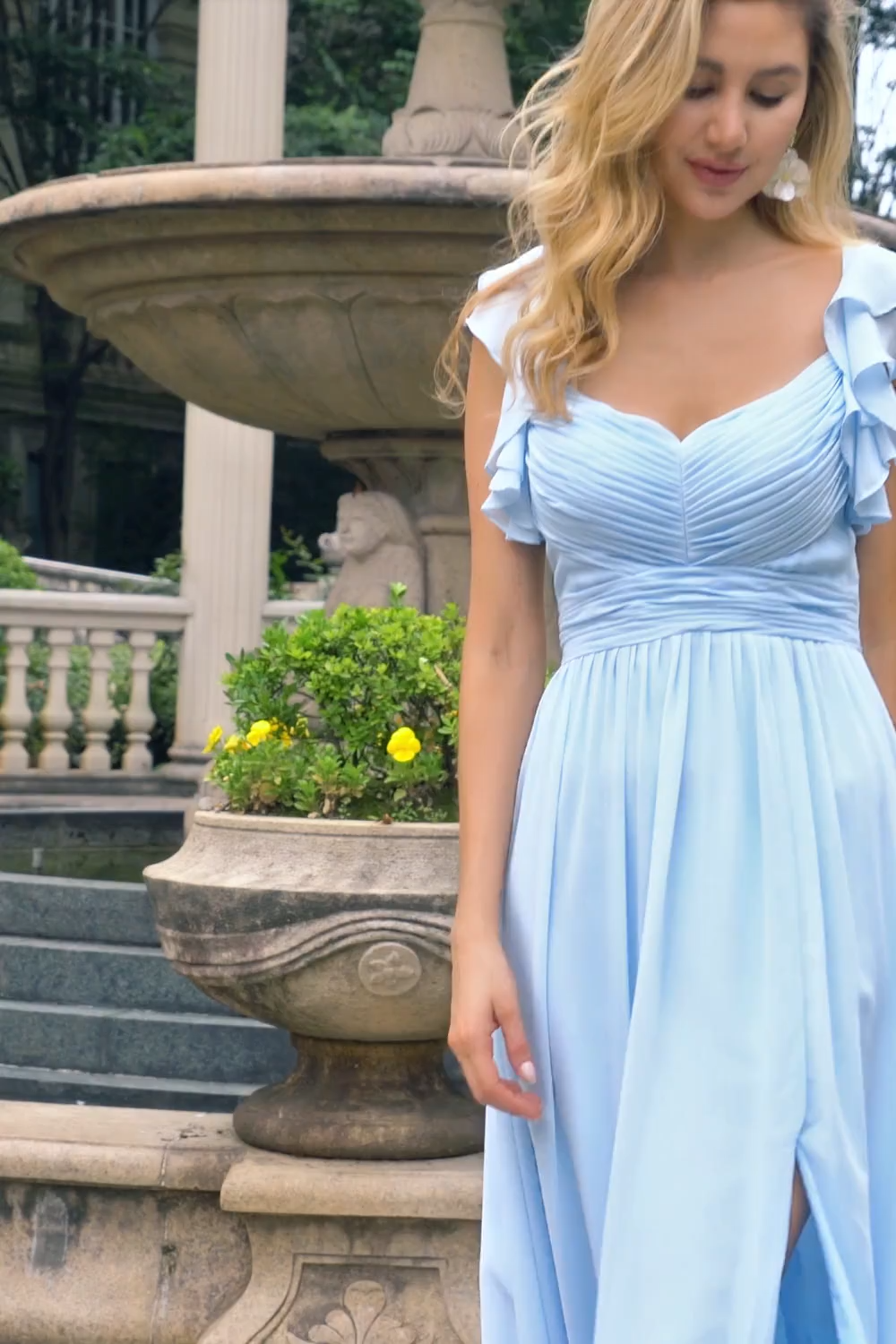 Sky Blue A Line Chiffon Wedding Guest Dress with Ruffle Sleeves