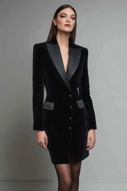 Black Pencil Velvet Shawl Lapel Short One Piece Blazer Dress with Sleeves