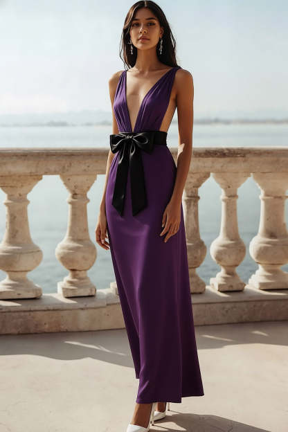 White Sheath Deep V-Neck Long Wedding Reception Dress with Bow