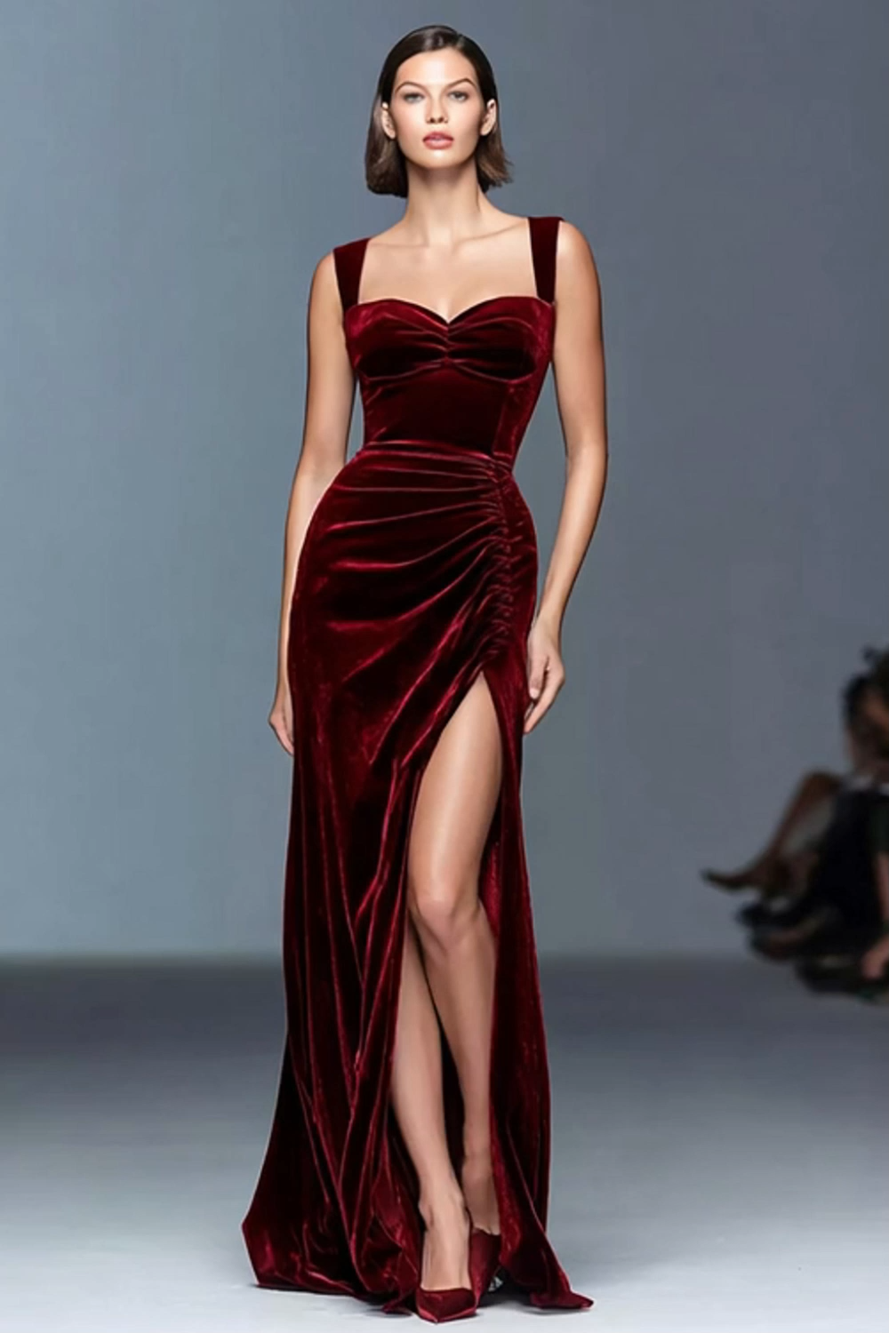 Maxi Burgundy Velvet Ruched Sheath Holiday Party Dress with Slit