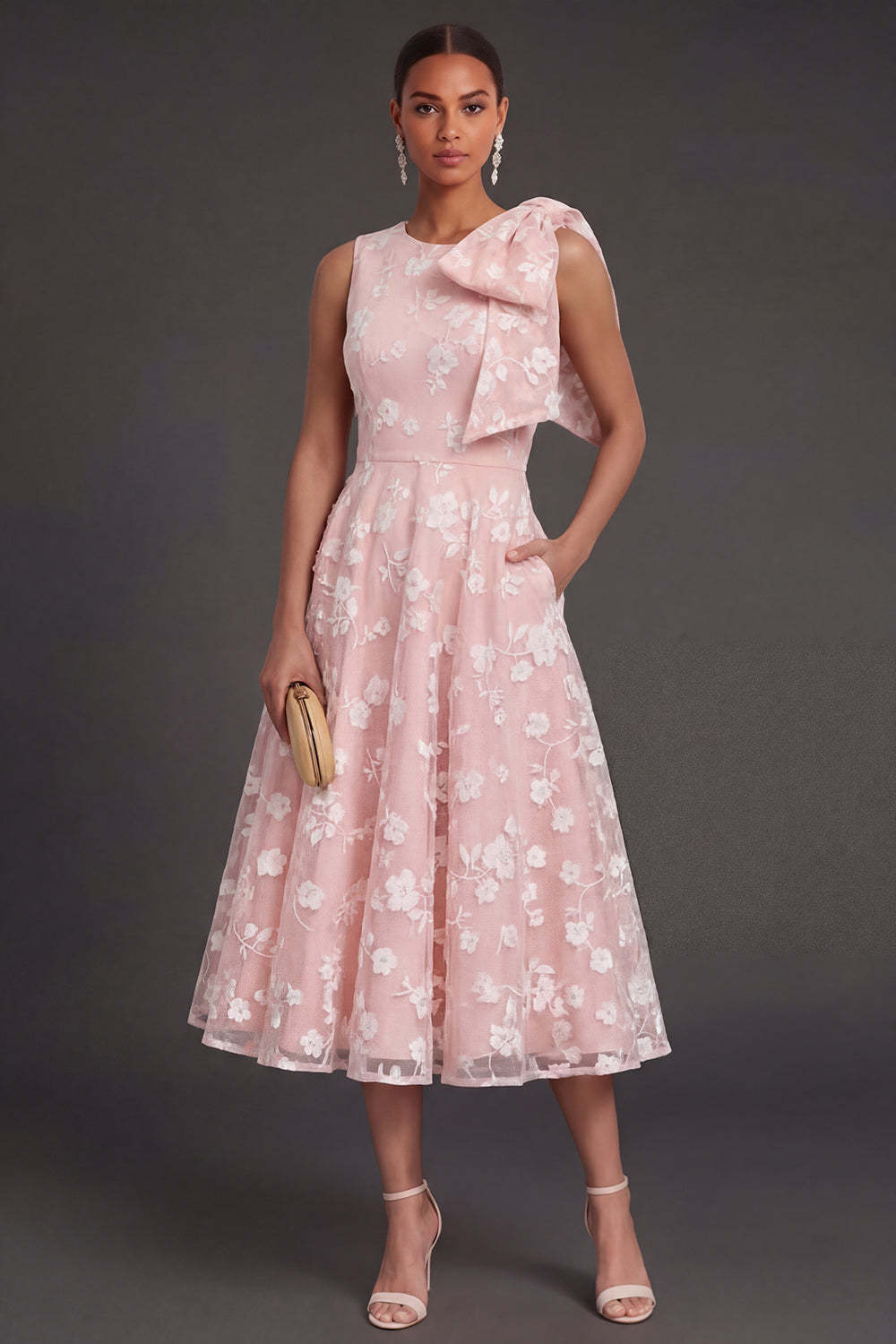 Blue Floral A Line Appliqued Midi Beach Wedding Guest Dress with Bow