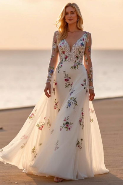 Floral White Long Sleeves Deep V-Neck Wedding Dress