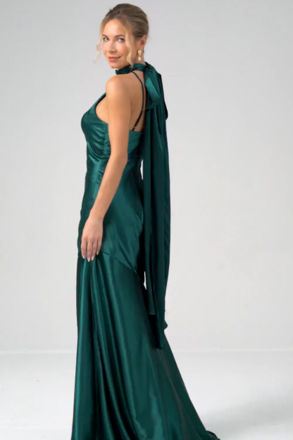 Dark Green Halter Satin Mermaid Watteau Train Bridesmaid Dress