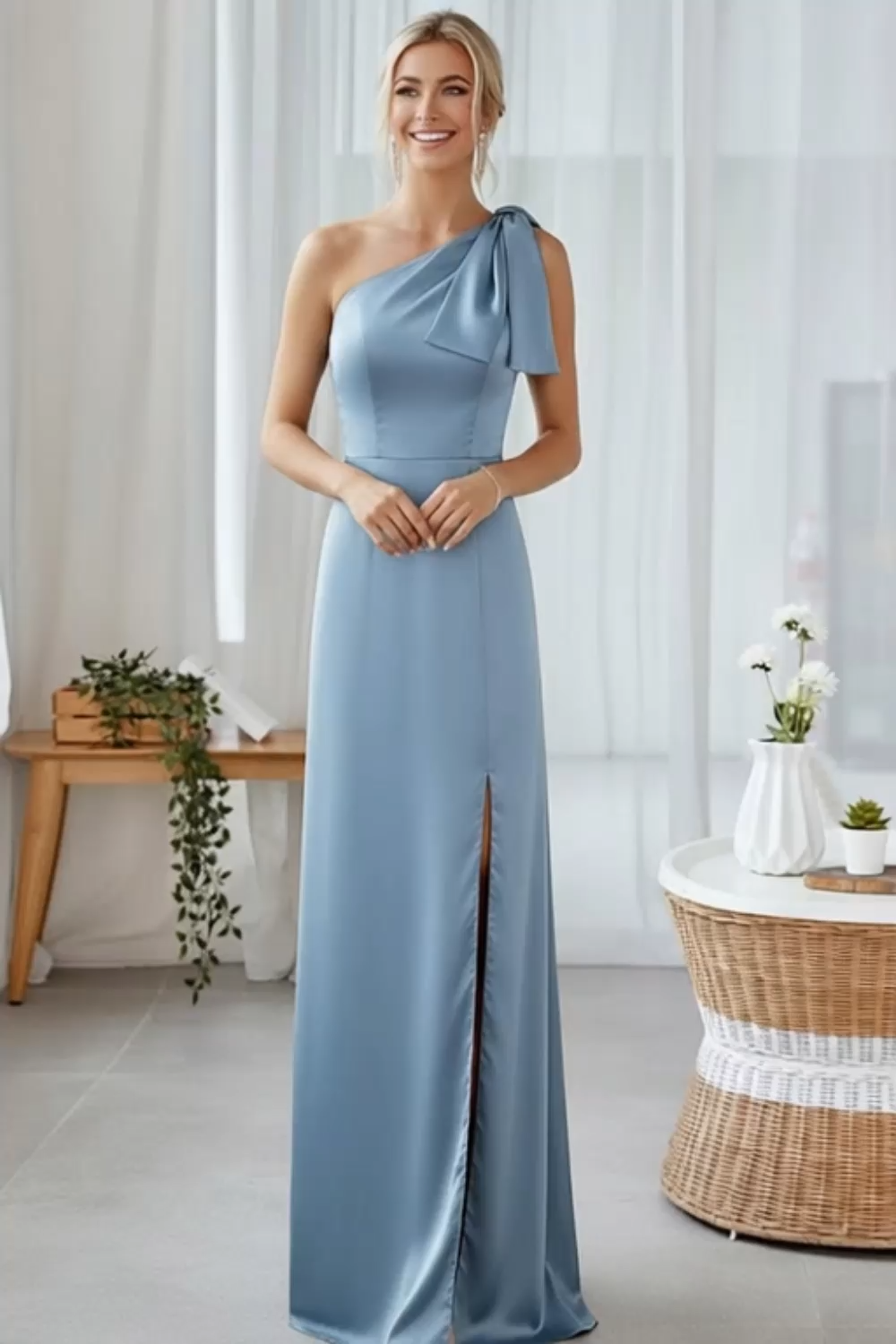 Blue Sheath One Shoulder Satin Maxi Bridesmaid Dress with Slit