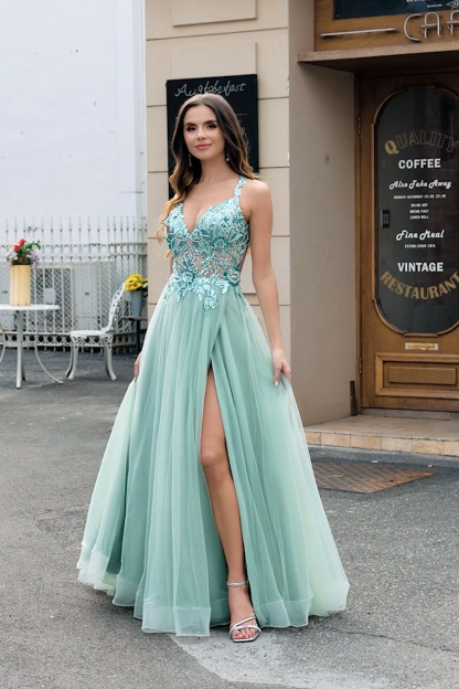 Light Green Appliques A Line V Neck Tulle Long Beaded Prom Dress With Slit