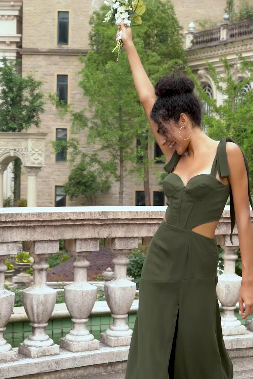 Olive A Line Spaghetti Straps Floor Length Wedding Guest Dress with Slit