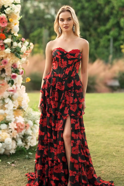 Black and Red Floral Strapless Ruffled Long Corset Prom Dress with Slit