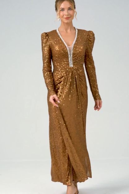 Sparkly Coffee Mermaid Wedding Party Dress with Long Sleeves