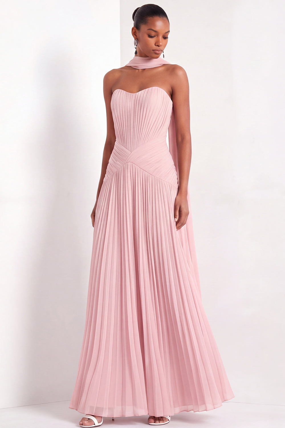 White Pleated A Line Sweetheart Long Wedding Reception Dress with Neck Scarf