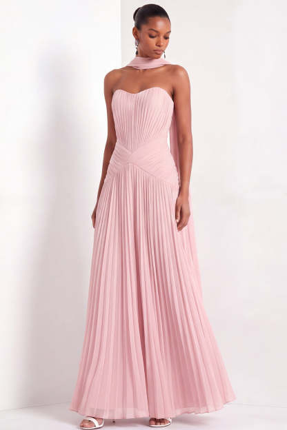 White Pleated A Line Sweetheart Long Wedding Reception Dress with Neck Scarf