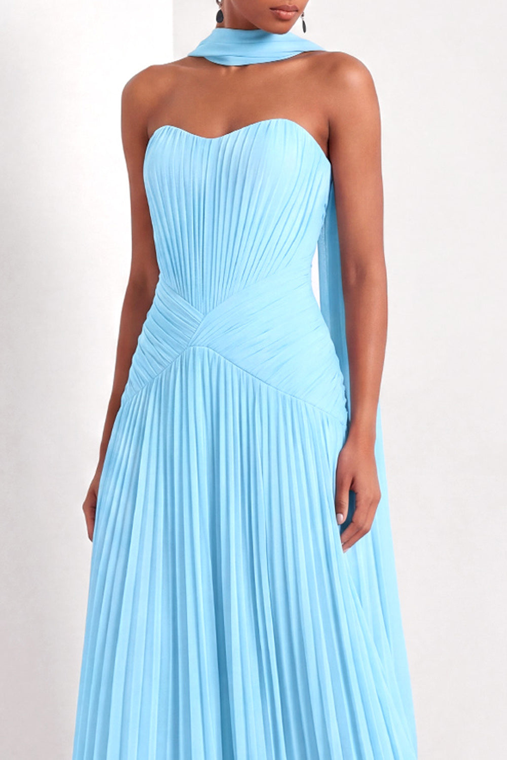 Light Green Pleated A Line Sweetheart Long Formal Dress with Neck Scarf