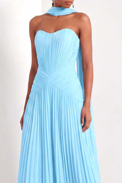 Light Green Pleated A Line Sweetheart Long Formal Dress with Neck Scarf