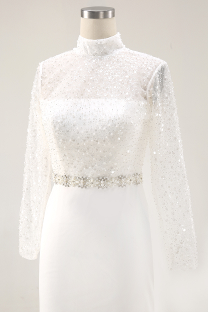 Sparkly White Mermaid High Neck Maxi Sequined Wedding Reception Dress