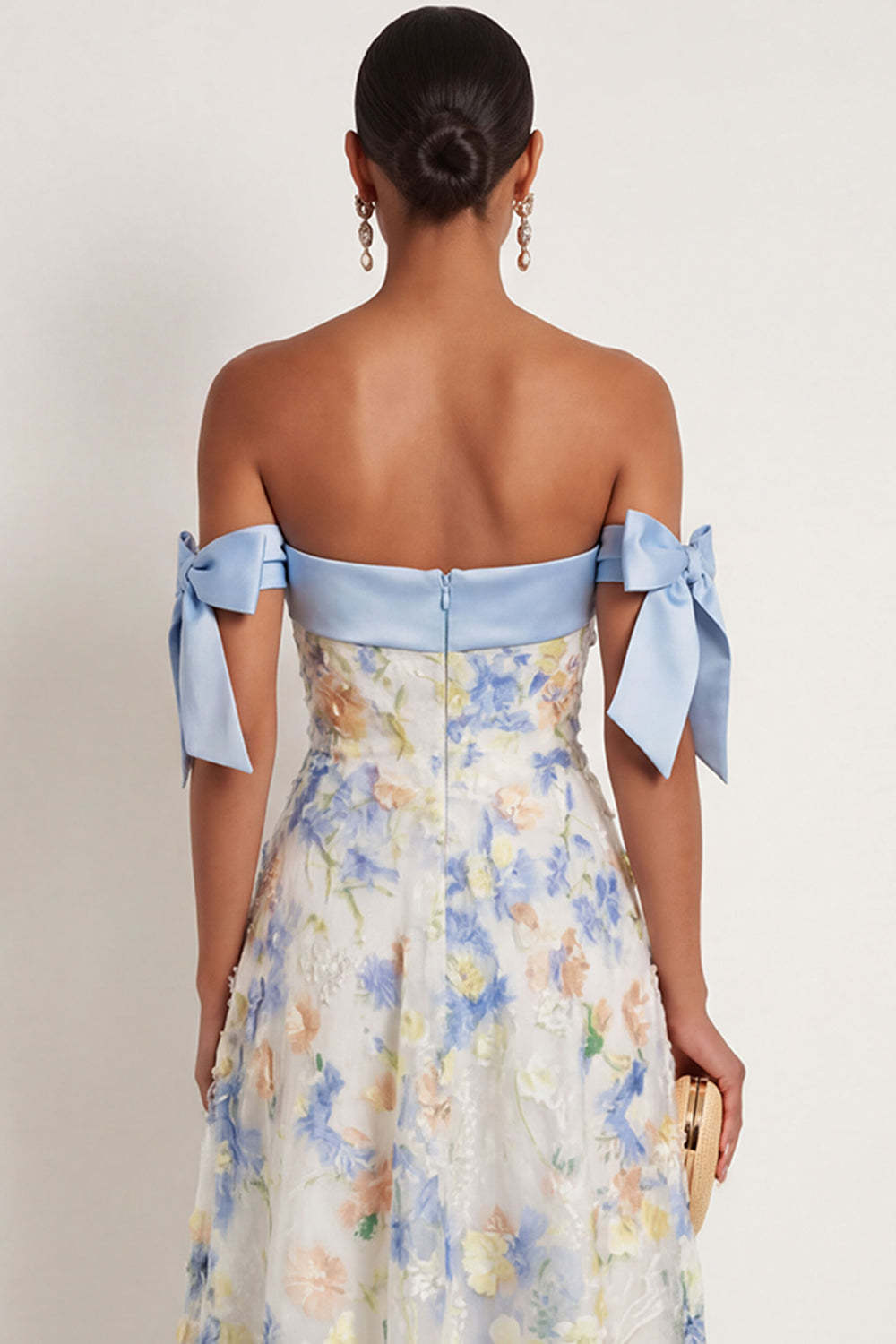 Light Blue A Line Floral Appliqued Off the Shoulder Long Wedding Guest Dress