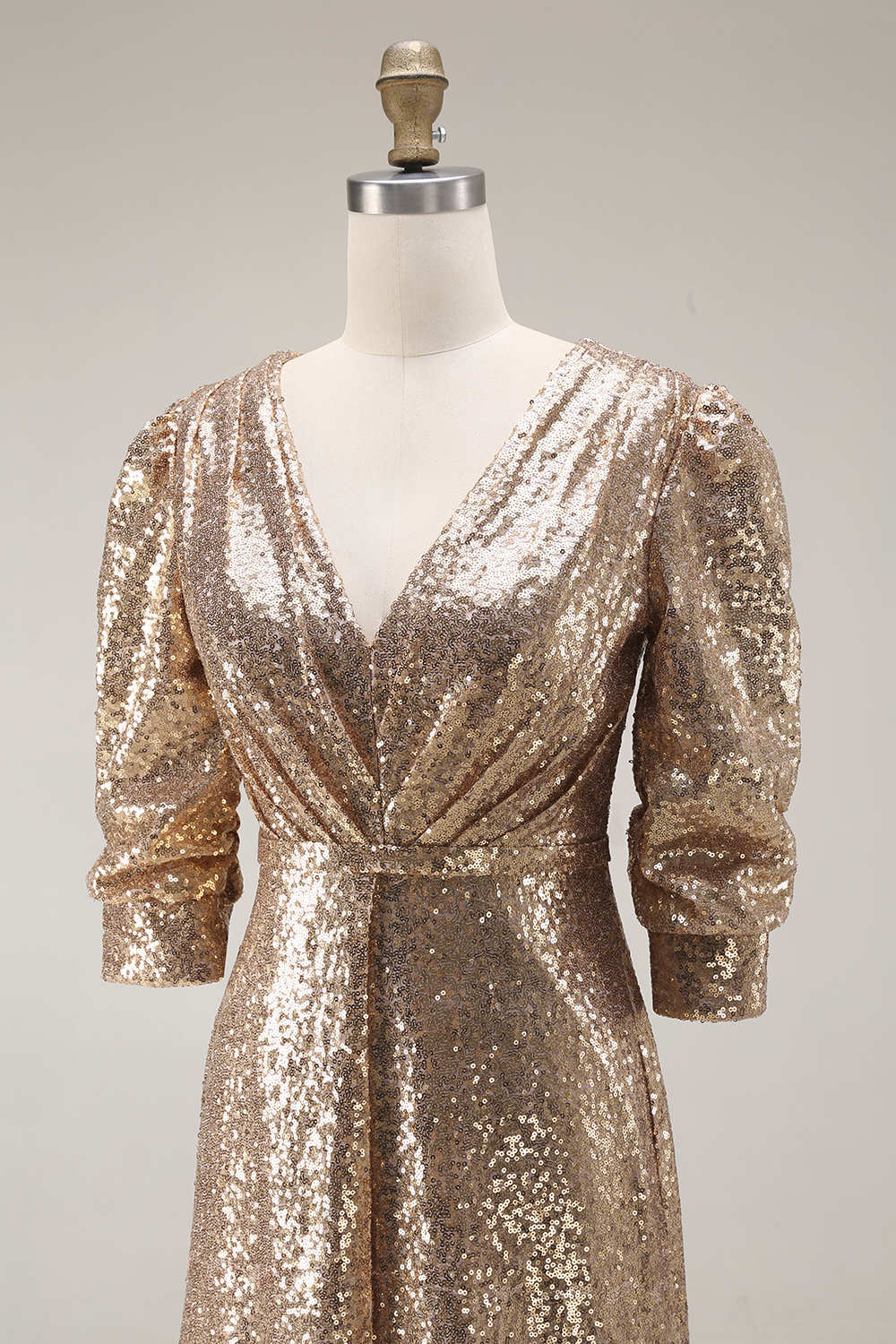 Sparkly Champagne Sequins Half Sleeves Long Formal Dress with Slit