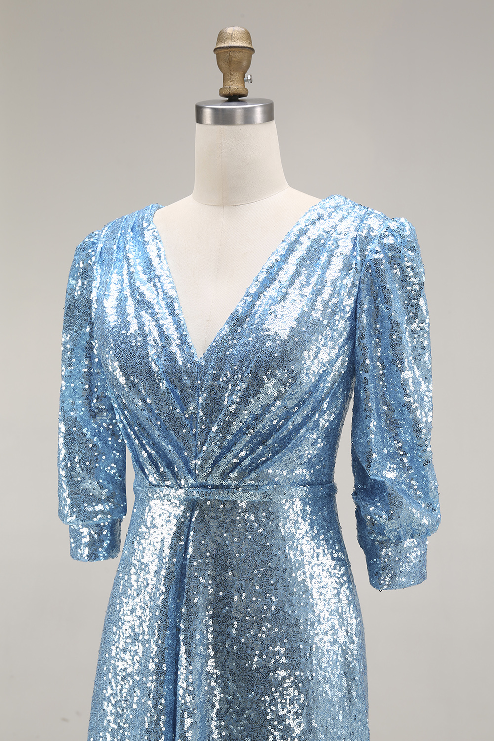Sparkly Champagne Sequins Half Sleeves Long Formal Dress with Slit