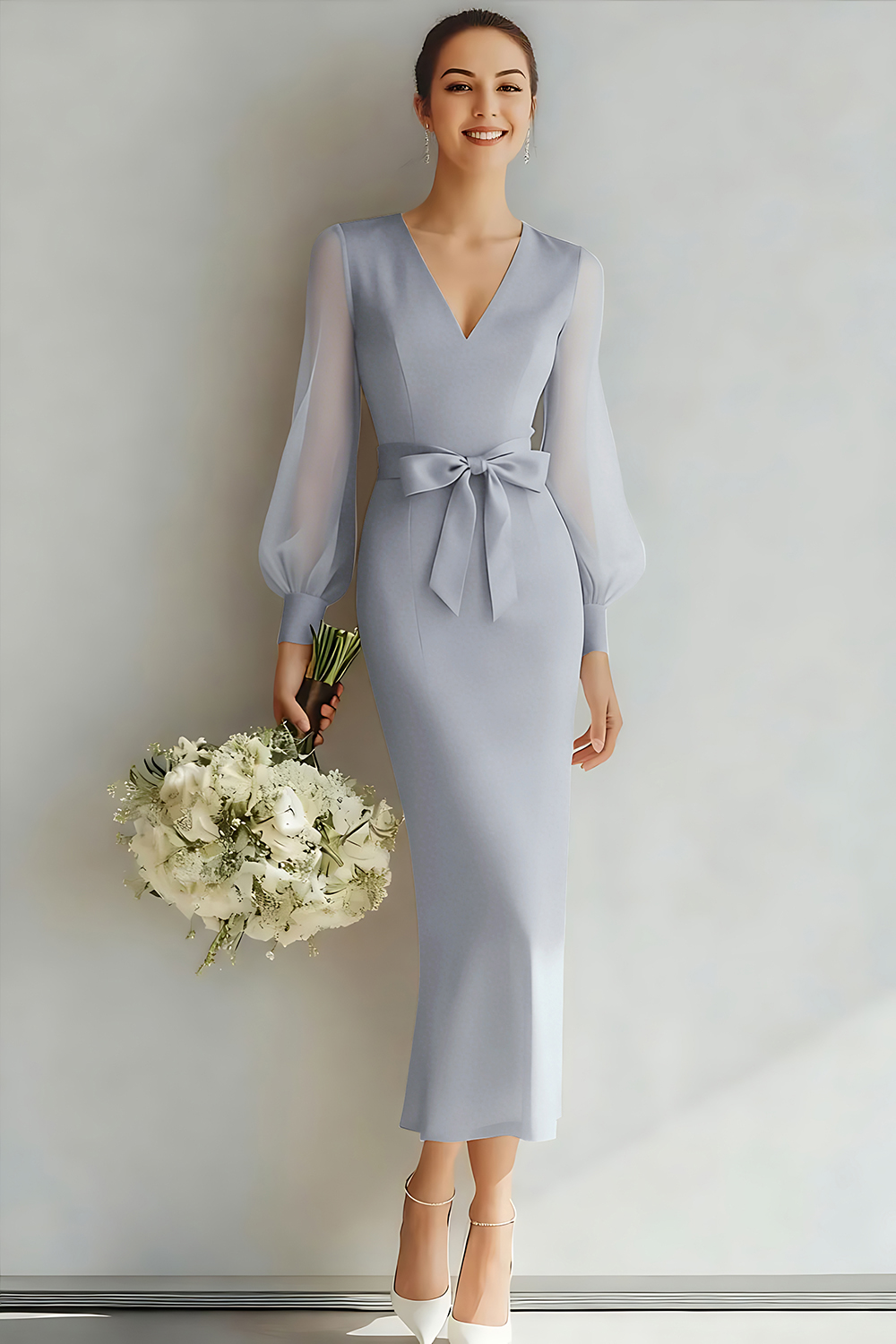 White V-Neck Sheath Long Sleeves Wedding Dress with Bow