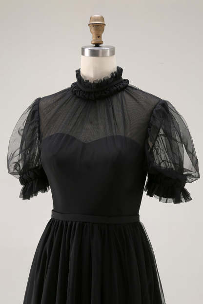 Black Long High Neck Plus Size A Line Formal Dress with Sleeves