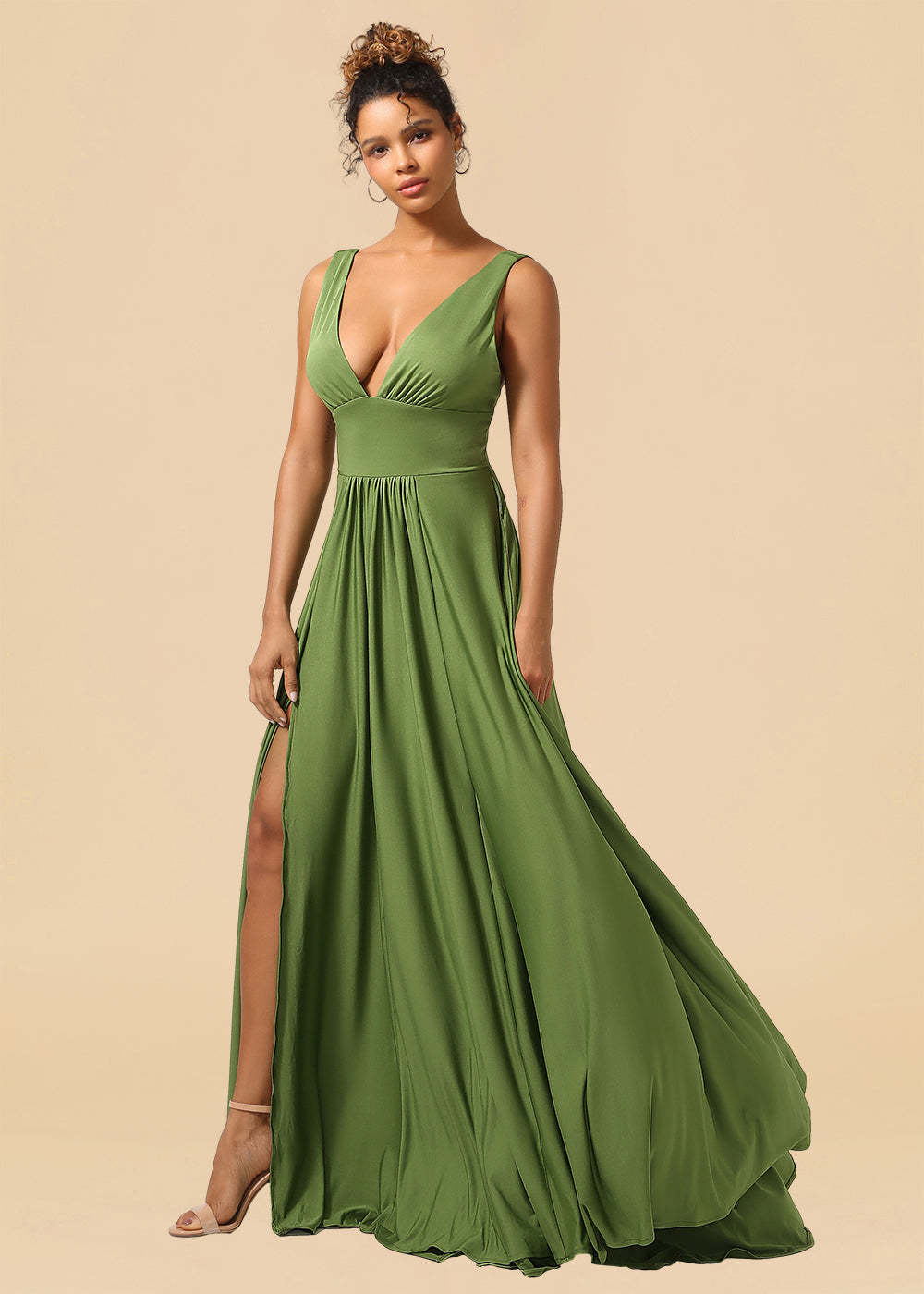 Deep V-neck Spandex A-line Maxi Bridesmaid Dress with Slit