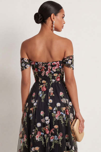 Black Floral A Line Embroidered Off the Shoulder Long Formal Dress