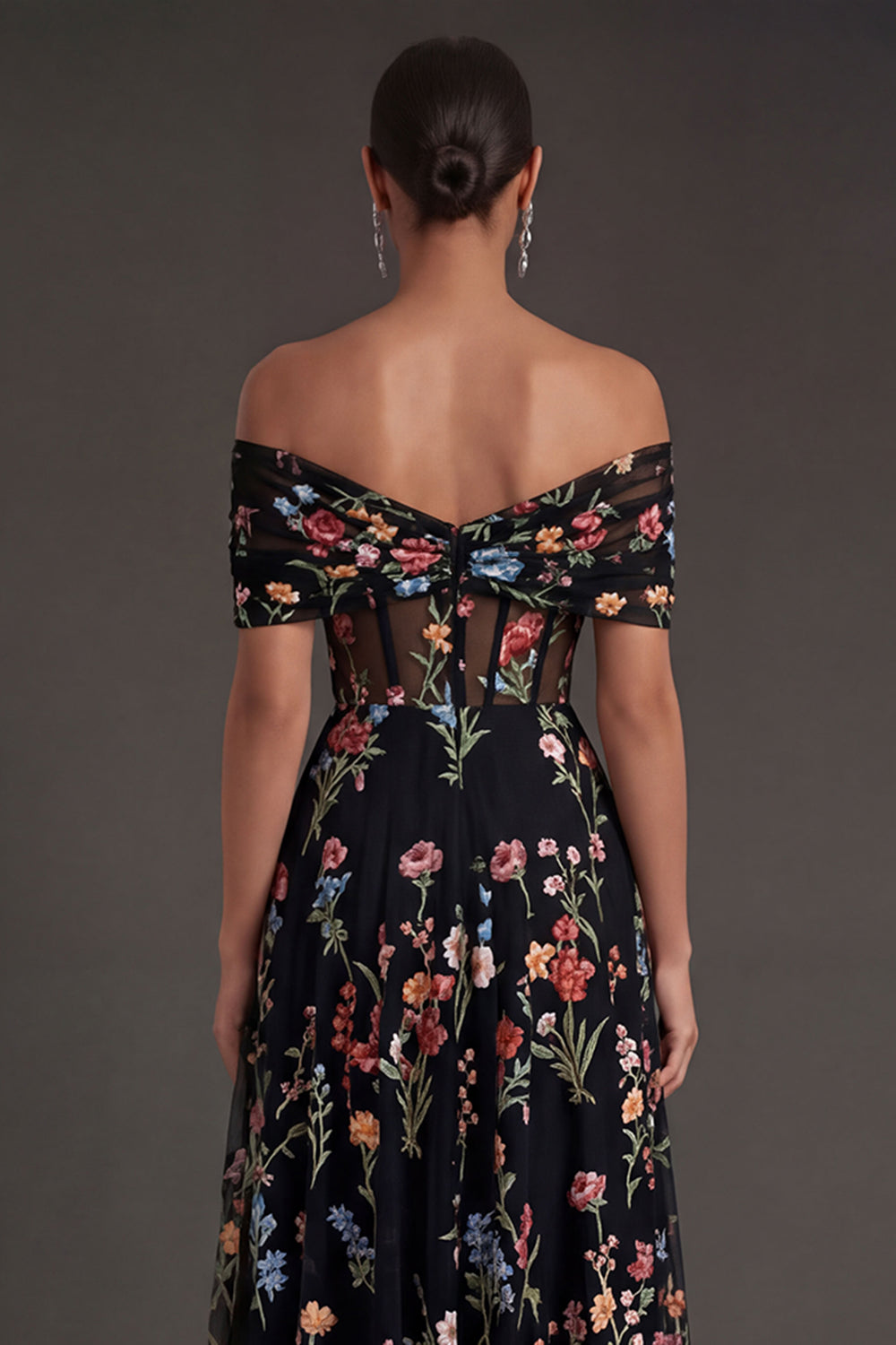 Black Floral A Line Embroidered Off the Shoulder Long Formal Dress
