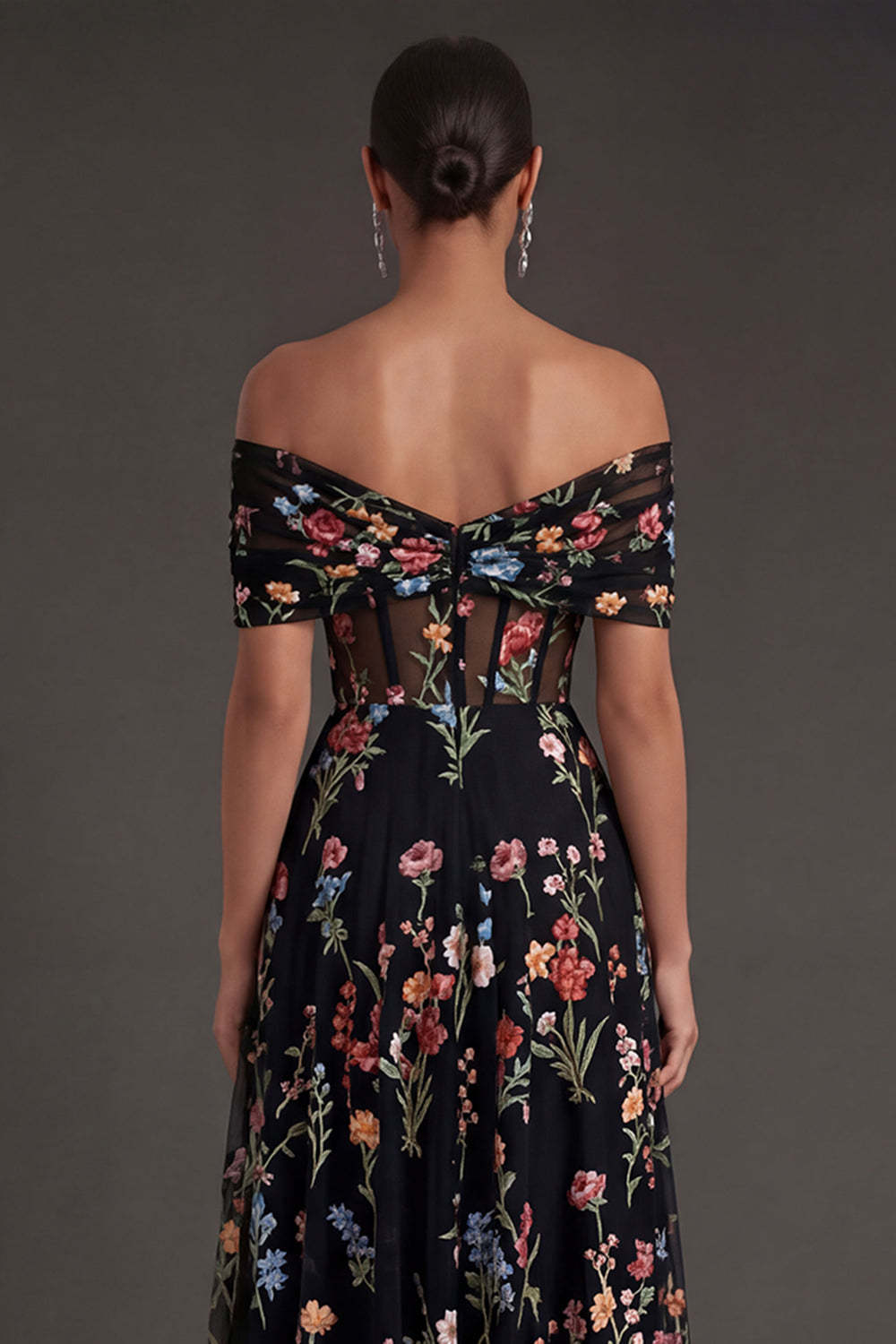 Black Floral A Line Embroidered Off the Shoulder Long Formal Dress