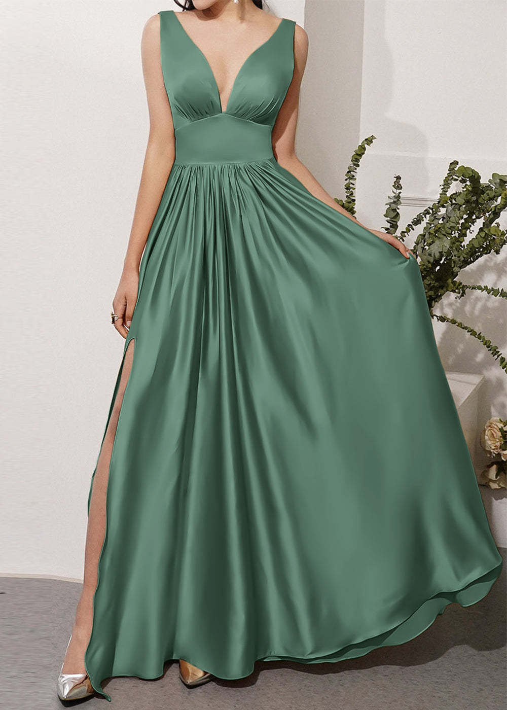 V-neck Long Bridesmaid Dress with Split