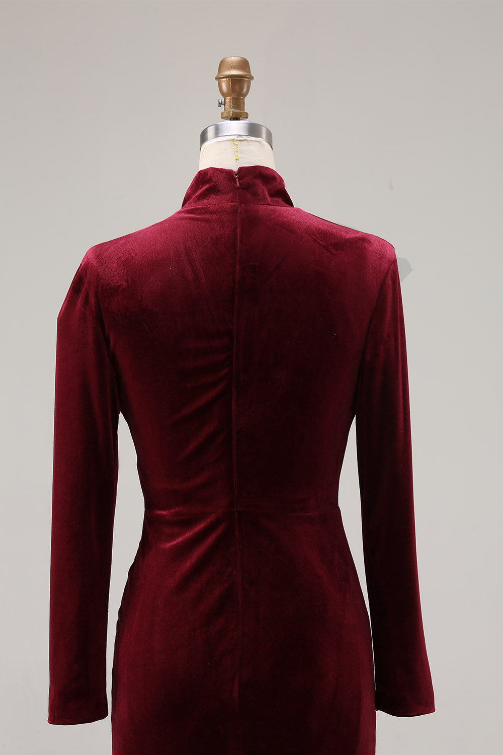 Cabernet High Neck Sweep Train Velvet Mermaid Formal Dress with Sleeves