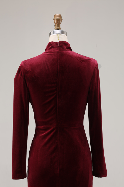 Cabernet High Neck Sweep Train Velvet Mermaid Formal Dress with Sleeves