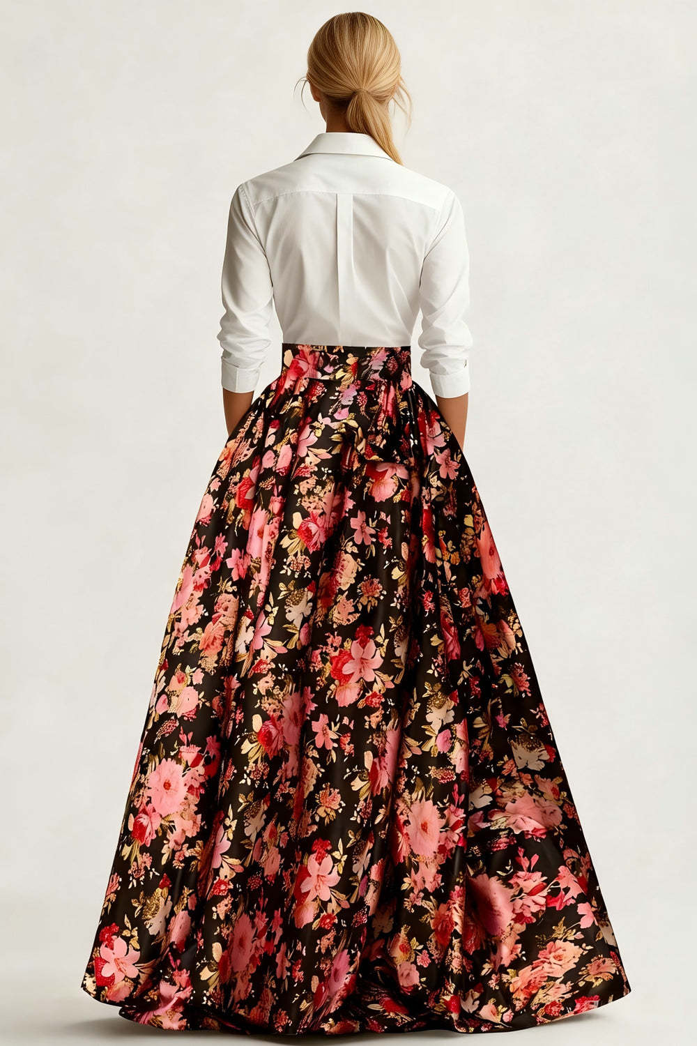 2 Piece White and Black Pink Flower Collar Neck Maxi Mother of the Bride Dress