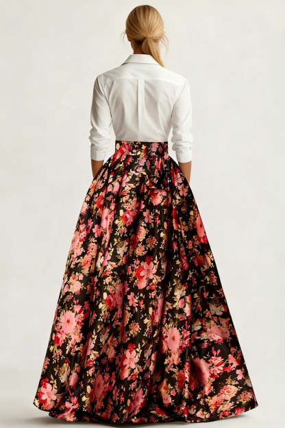 2 Piece White and Black Pink Flower Collar Neck Maxi Mother of the Bride Dress