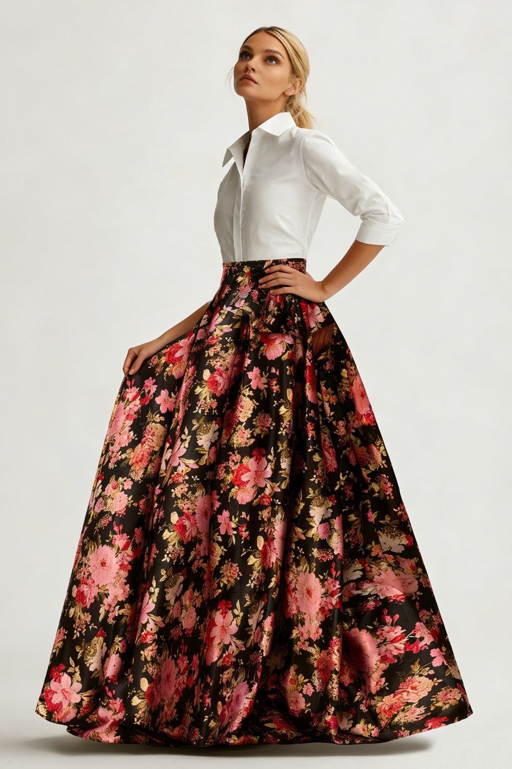 2 Piece White and Black Pink Flower Collar Neck Maxi Mother of the Bride Dress