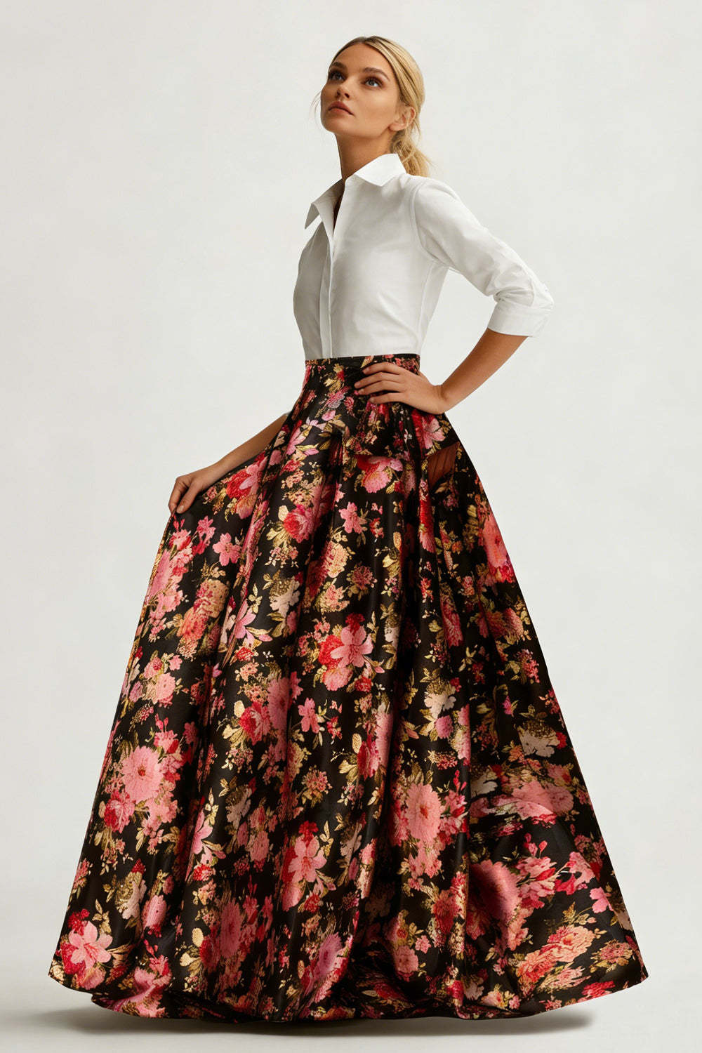 2 Piece White and Black Pink Flower Collar Neck Maxi Mother of the Bride Dress