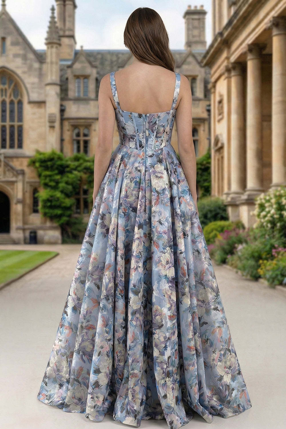 Floral Blue Square Neck A Line Maxi Corset Prom Dress with Slit