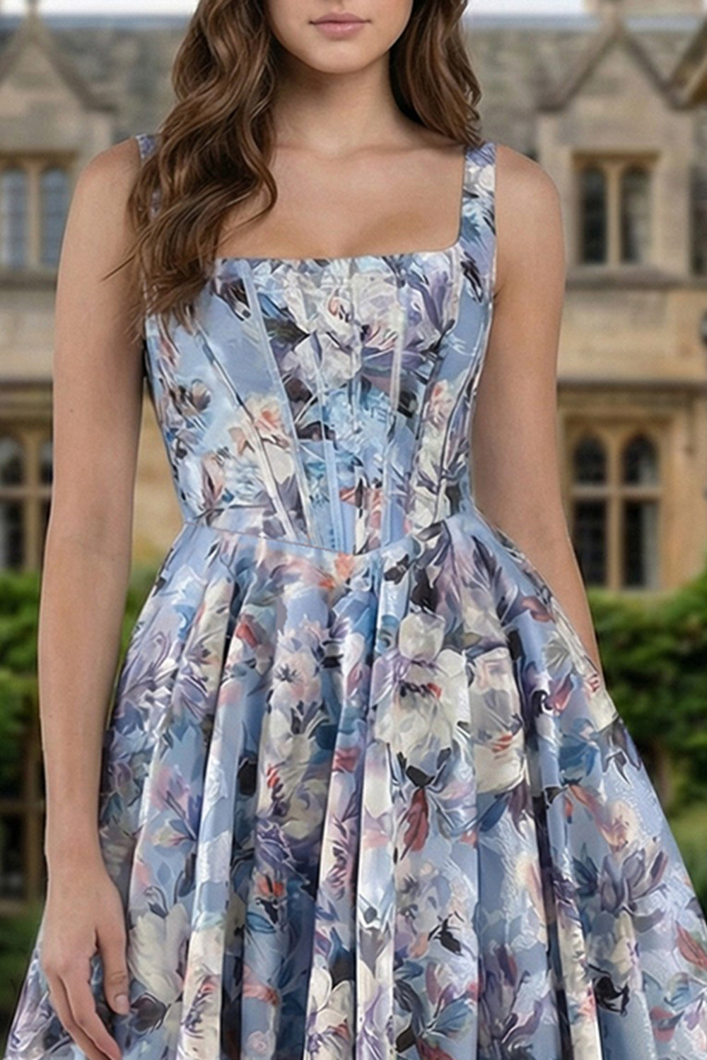 Floral Blue Square Neck A Line Maxi Corset Prom Dress with Slit