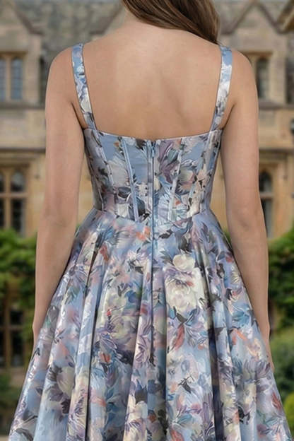 Floral Blue Square Neck A Line Maxi Corset Prom Dress with Slit