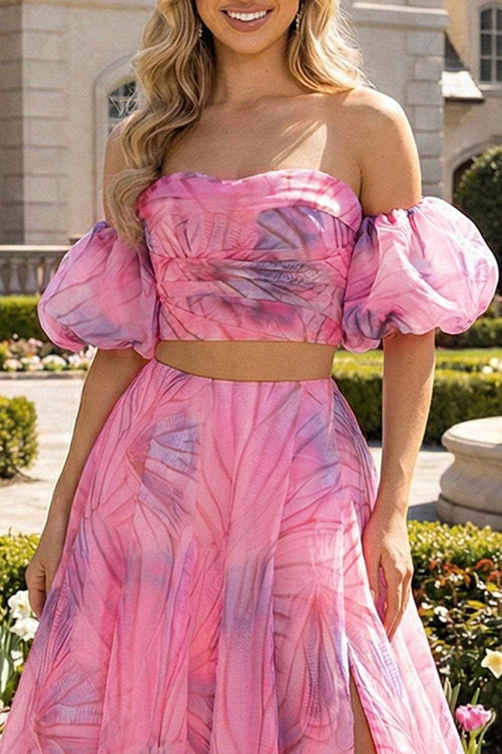Floral 2 Piece Pink Strapless A Line Maxi Prom Dress with Slit