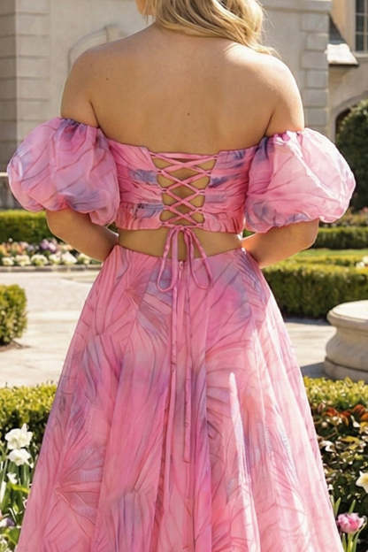 Floral 2 Piece Pink Strapless A Line Maxi Prom Dress with Slit