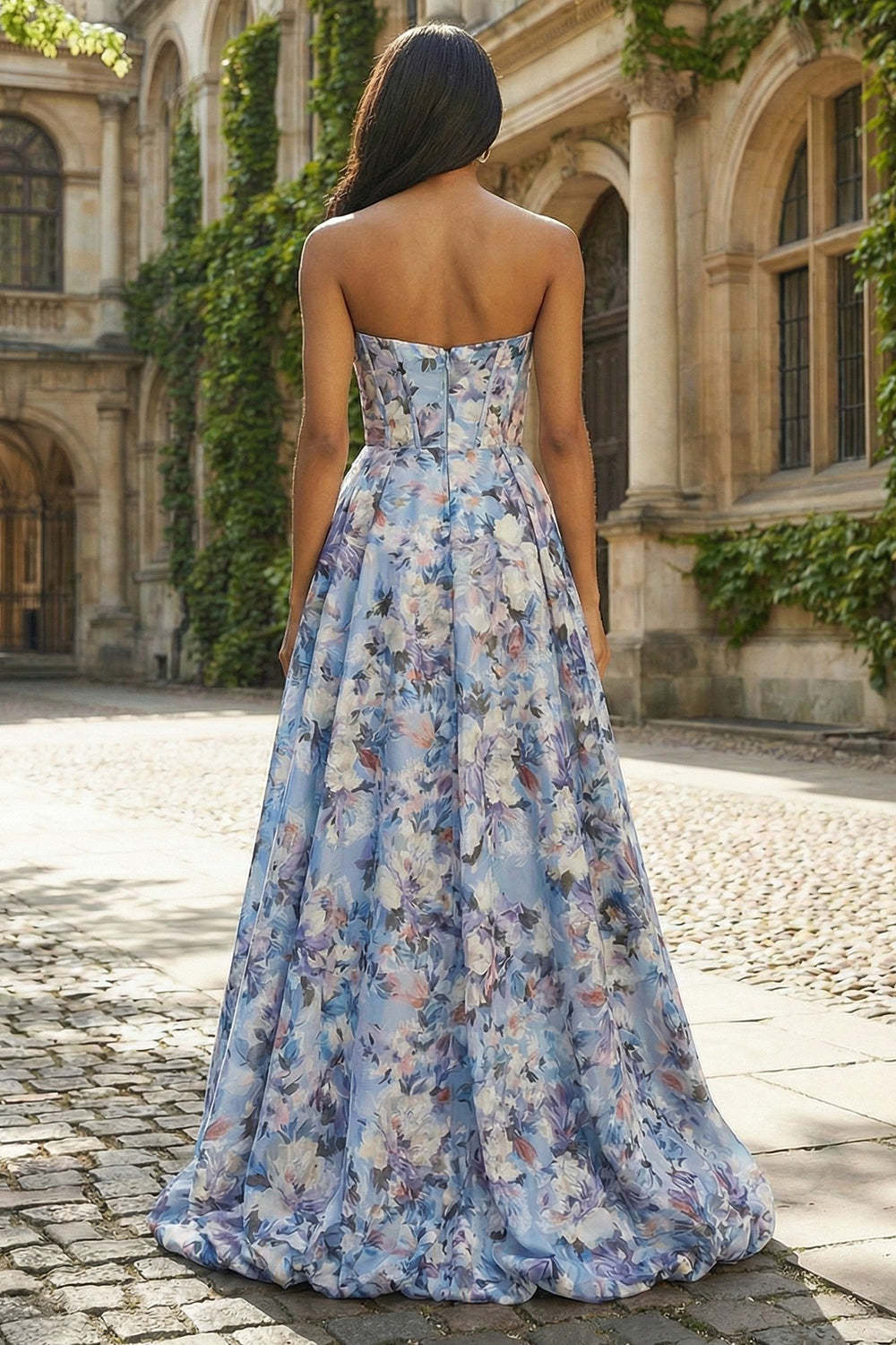 Floral Blue Strapless Ball Gown Maxi Corset Prom Dress