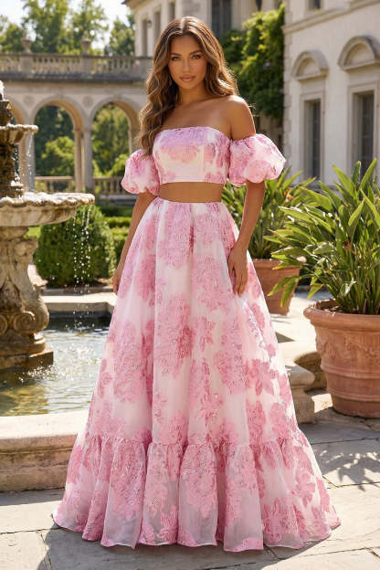 Leely Women Floral Pink 2 Piece Maxi Prom Dress Jacquard Ball Gown Strapless Lace Up Back Gala Dress