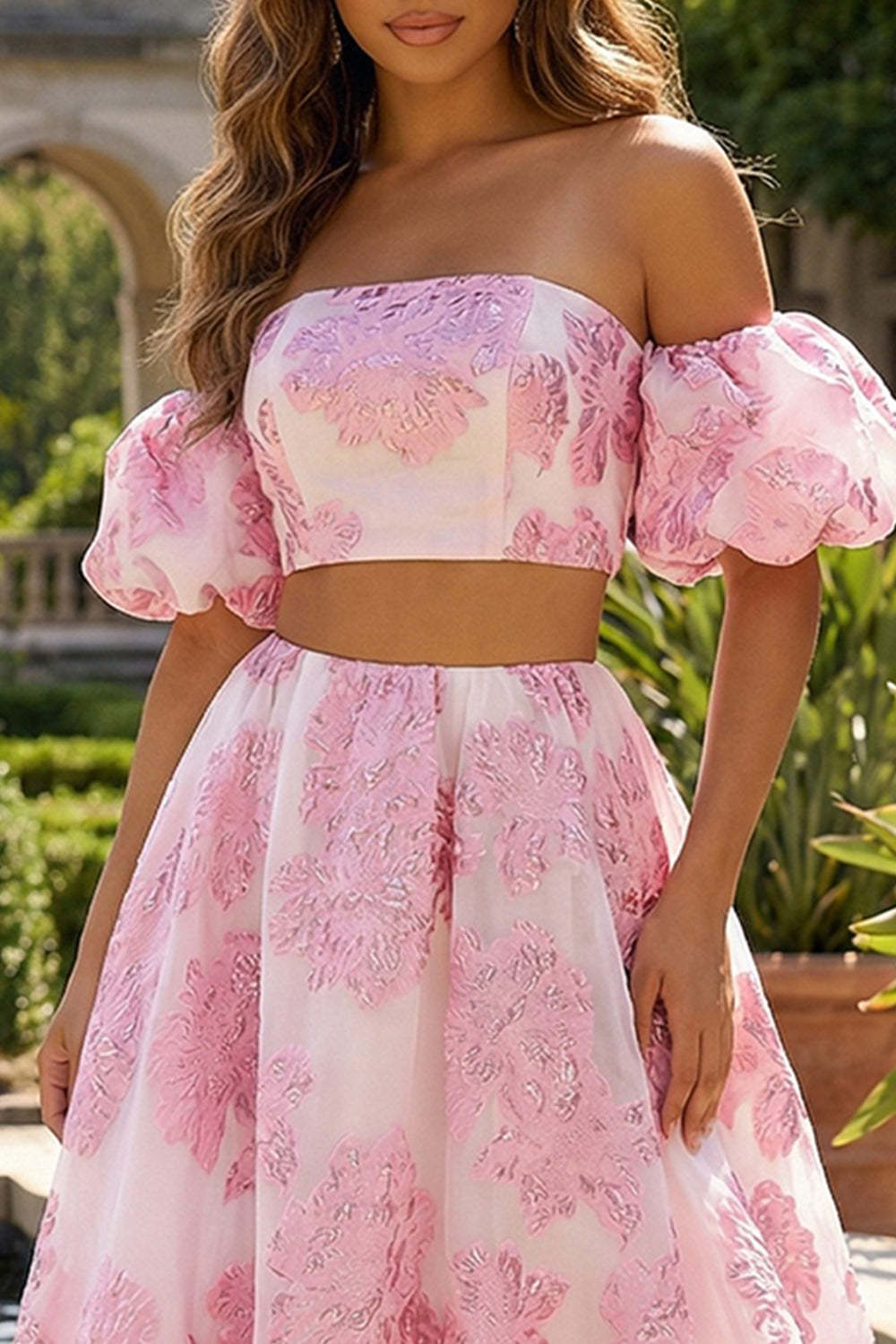 Floral Pink 2 Piece Ball Gown Strapless Maxi Prom Dress