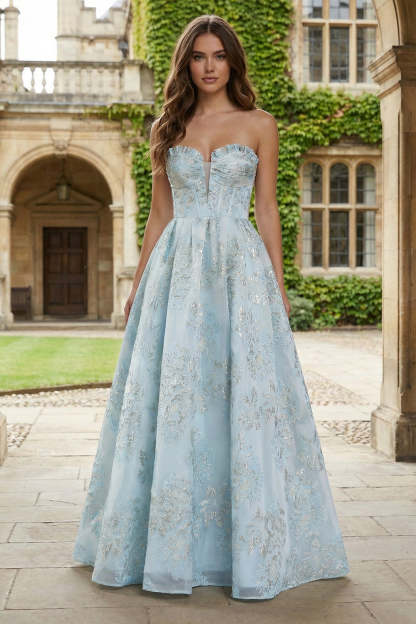 Leely Women Floral Light Blue Maxi Corset Prom Dress Ball Gown Sweetheart Jacquard Formal Dress