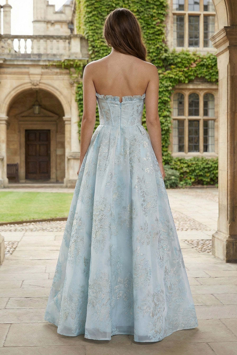 Floral Light Blue Ball Gown Sweetheart Maxi Corset Prom Dress