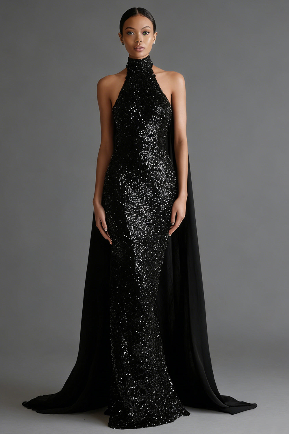 Sparkly Black High Neck Sheath Backless Maxi Formal Dress with Cape