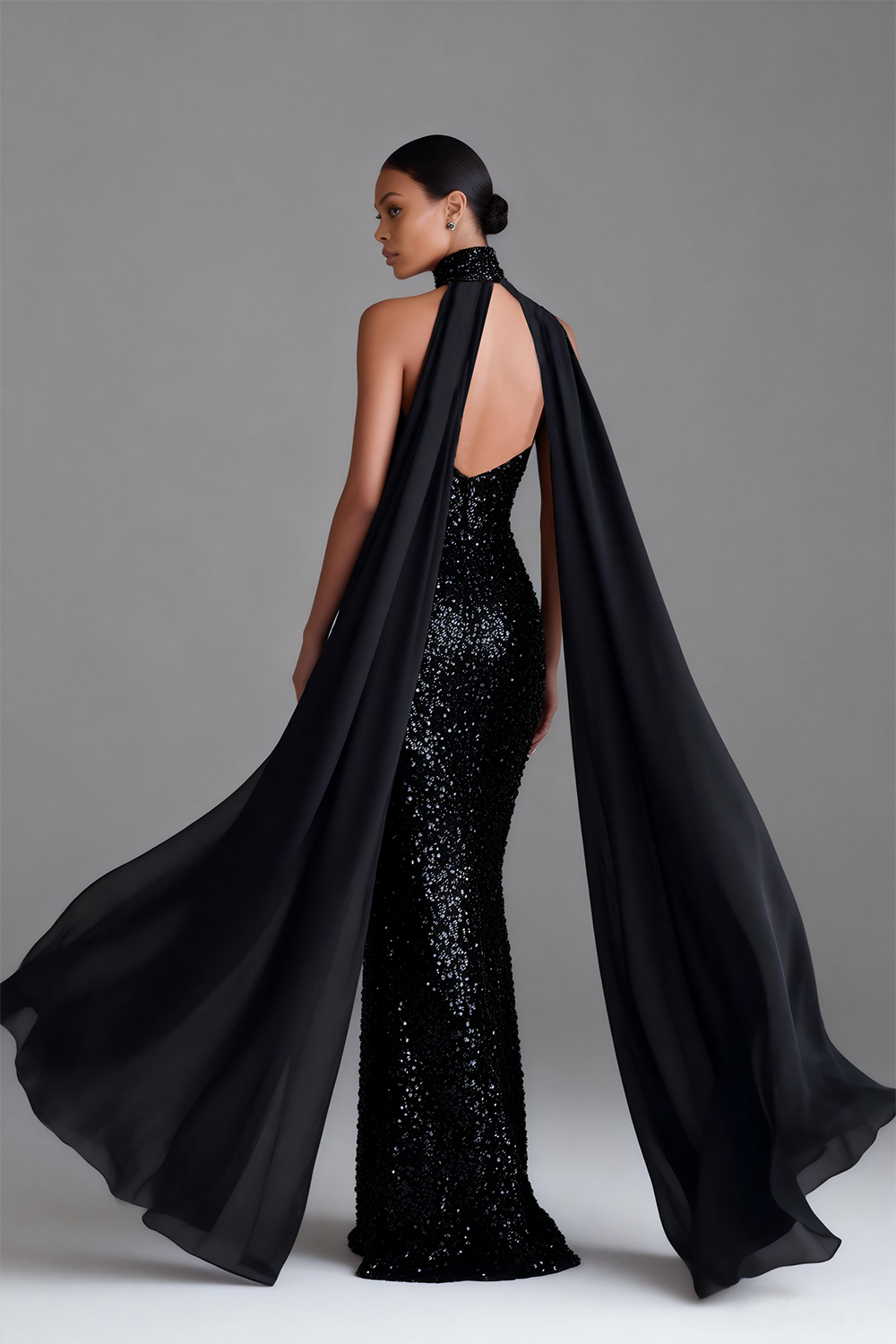 Sparkly Black High Neck Sheath Backless Maxi Formal Dress with Cape